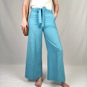Vintage 70s Linen High Rise Flare Wide Leg Belted Bell Botton Blue Trouser Pants